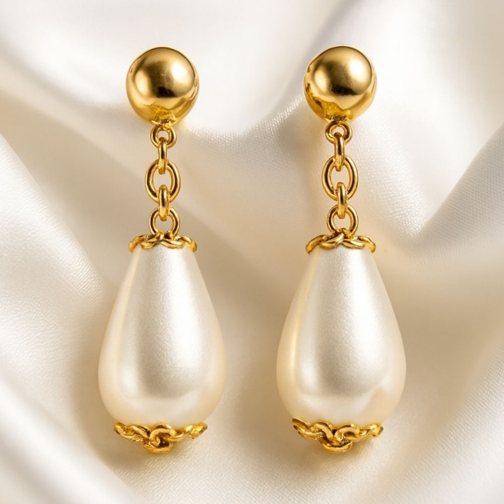 Gold & Off-White Beaded Drop Dangle Earrings – Elegant WomenFashion Jewelry #3